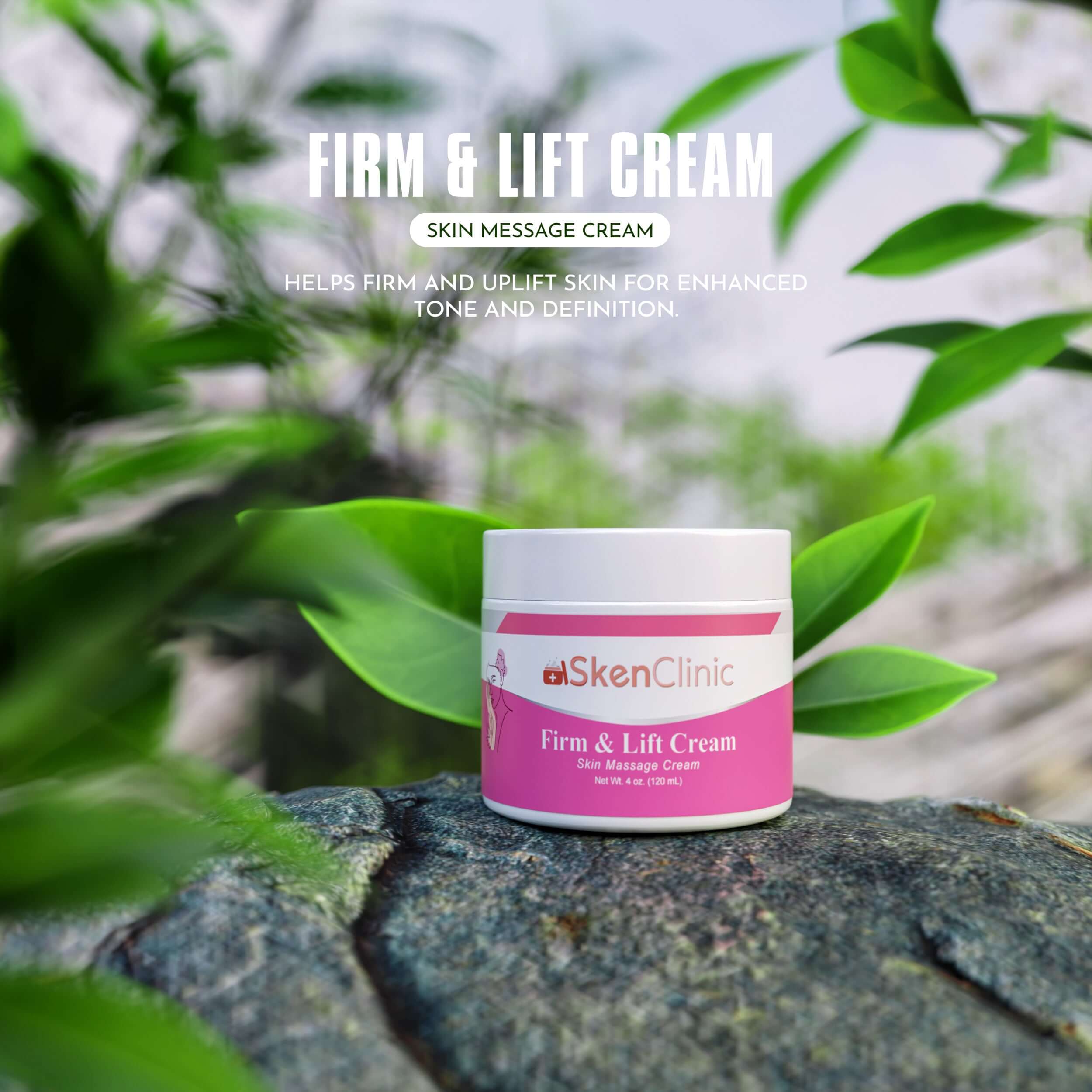 Firm & Lift Cream in a white jar on a stone, surrounded by green leaves, promoting skin tone and definition.