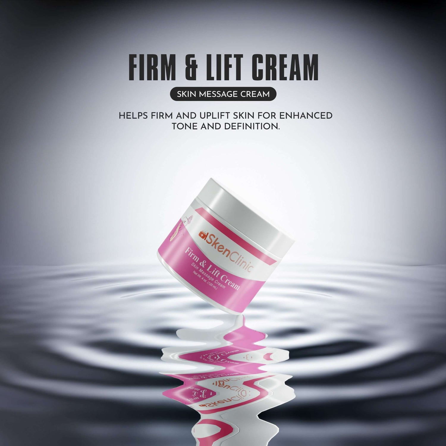 Firm &amp; Lift Cream jar floating on water, promoting enhanced skin tone and definition.