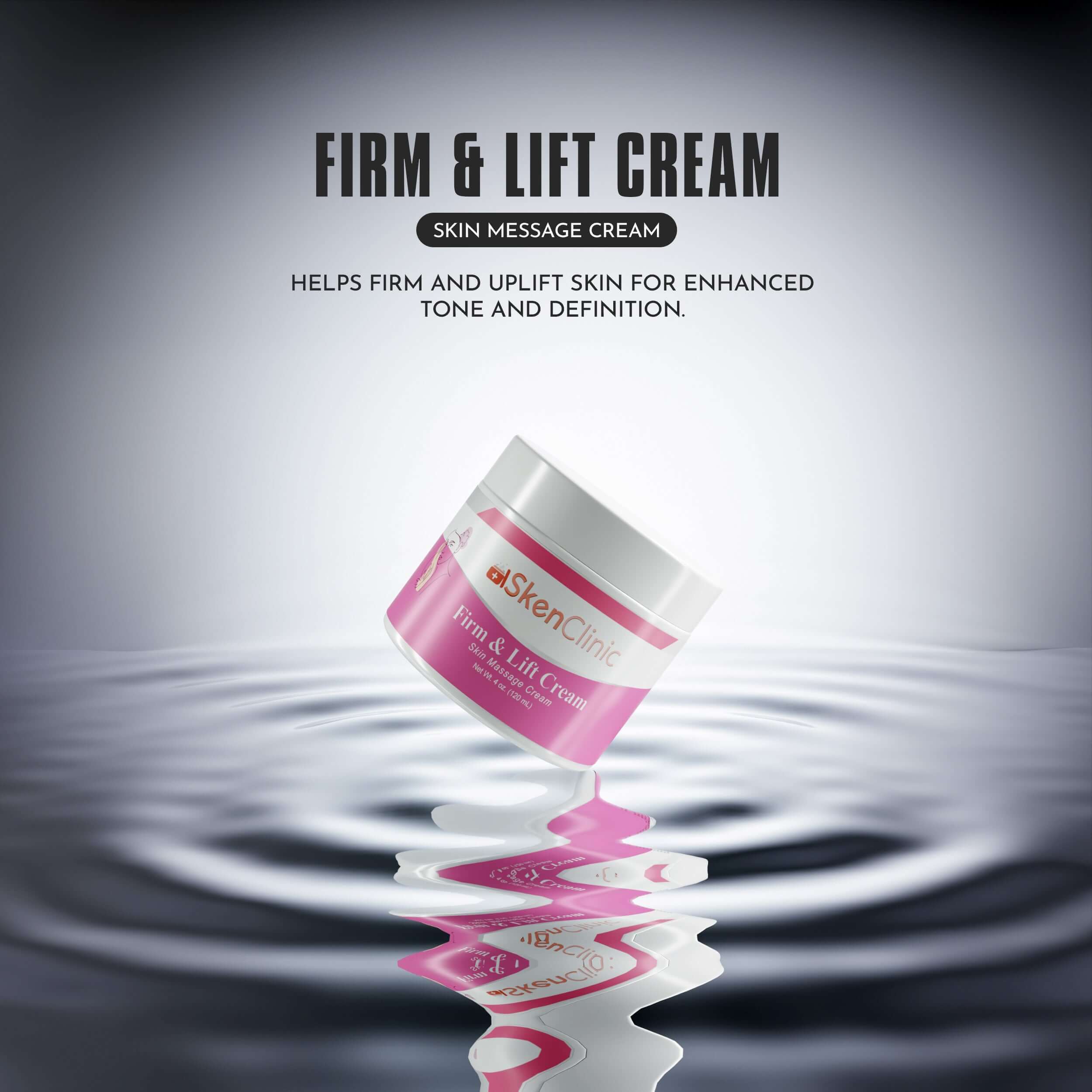 Firm &amp; Lift Cream jar floating on water, promoting enhanced skin tone and definition.