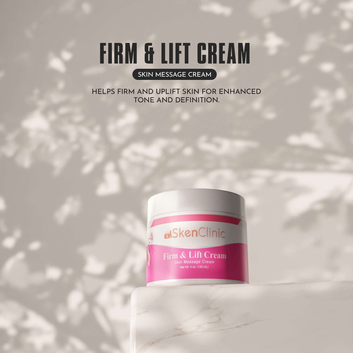 Firm &amp; Lift Cream by SkenClinic on a marble surface, designed to enhance skin tone and definition.